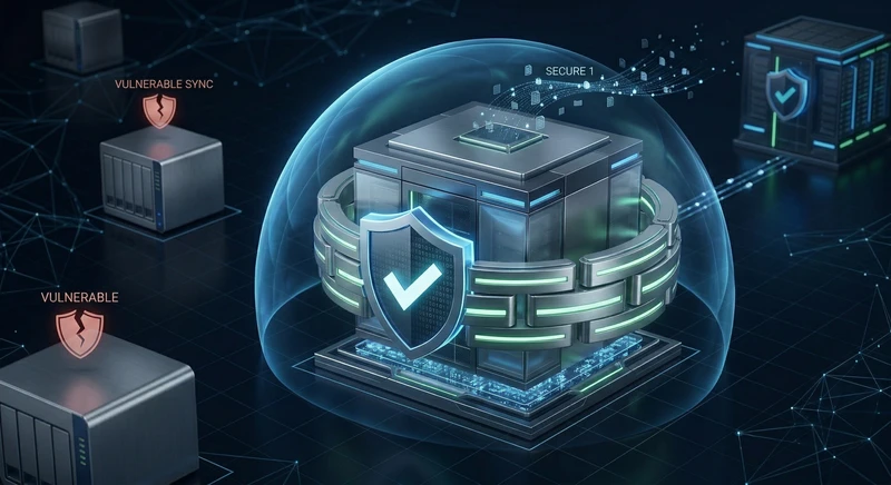 Conceptual 3D rendering of an immutable, locked data storage node protecting against network vulnerabilities