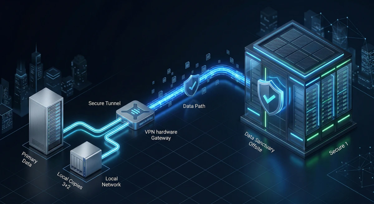 Diagram showing the 3-2-1 backup architecture with a secure tunnel to an offsite data sanctuary
